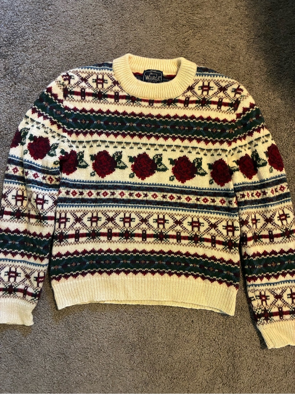 Woolrich Cream Fair Isle Sweater with Red Rose Motif